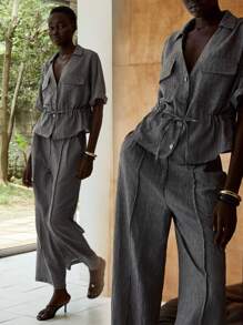 Lumivelle 女士休闲夏季 V 领纽扣前上衣和裤子两件套 - 灰色 - 查看 1