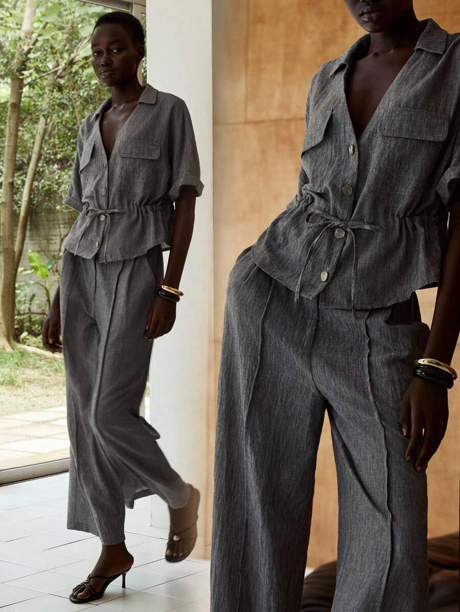 Lumivelle 女士休闲夏季 V 领纽扣前上衣和裤子两件套 - 灰色 - 查看 1