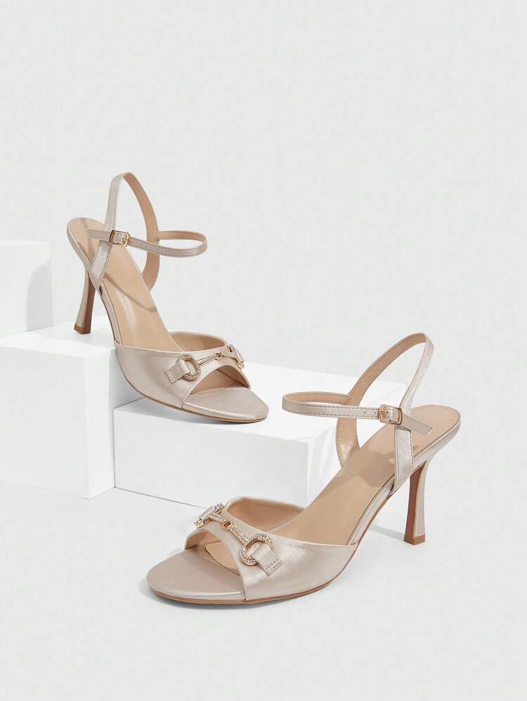 CUCCOO SZL Champagne Satin Pointed Toe Fashion Sexy Gold Buckle Dress High Heel Sandals