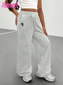 SHEIN Explorewe Dziewczęce (duże) spodnie dresowe dla nastolatek, swobodne, minimalistyczne, kontrastowe, z kieszeniami i wzorem z logo, luźne, szerokie nogawki, długie spodnie dresowe