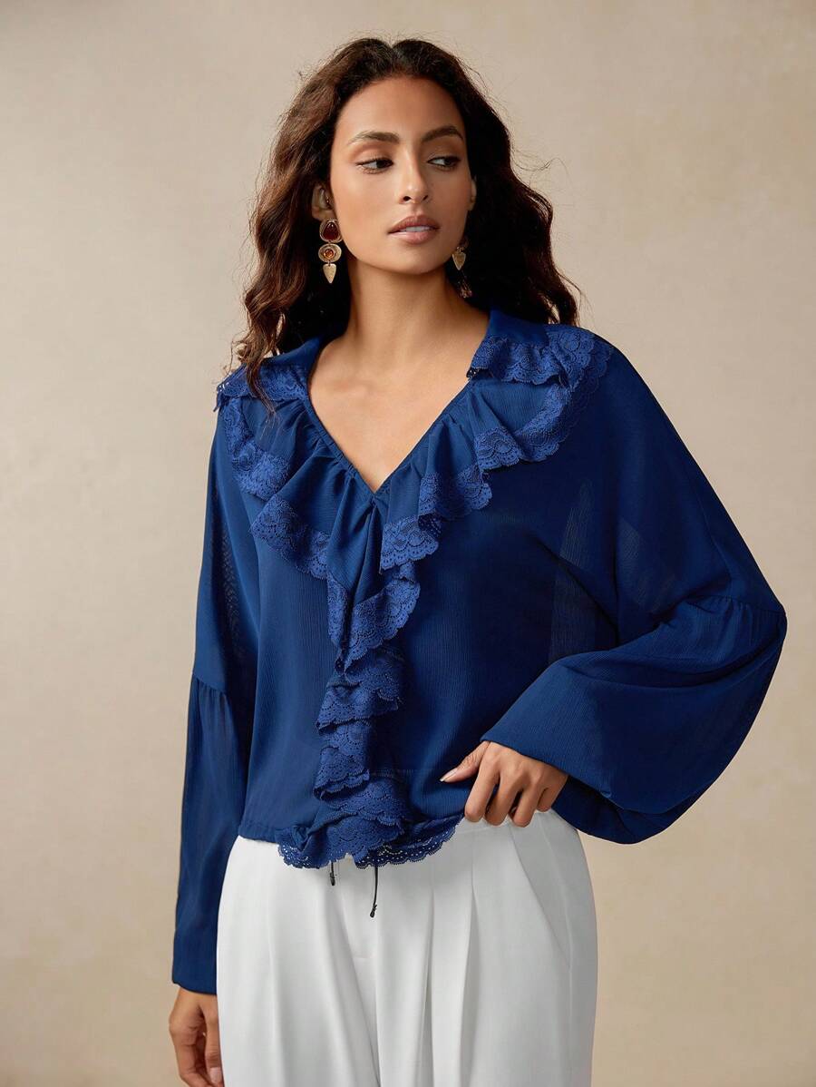 Florisole Áo cánh tay đèn lồng cổ điển cho nữ, viền bèo nhún ren, màu xanh navy, áo cánh bèo nhún xuân/thu, áo cánh màu xanh, viền ren, áo cánh nữ - Màu xanh hải quân - Xem 1