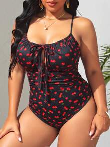 Swim Mod Plus Size Women's Cherry Print Front Tie Camisole One-Piece Swimsuit For Summer Beach Vacation - Black - View 4