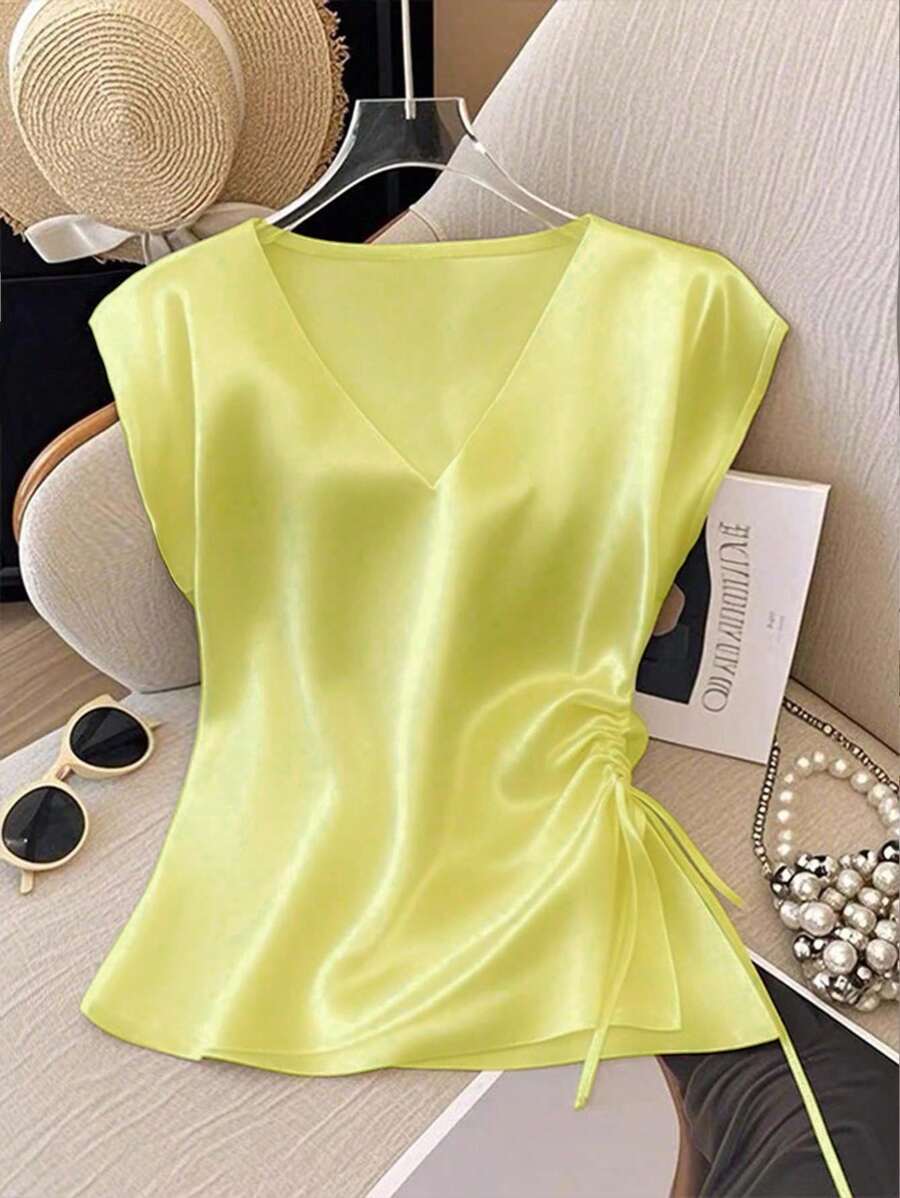 GlowEve 女式优雅纯色V领侧抽绳衬衫，夏季 - 黃色 - 查看 1