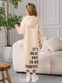 青少年女孩字母印花连帽领长袖连衣裙 - 卡其色 - 查看 1