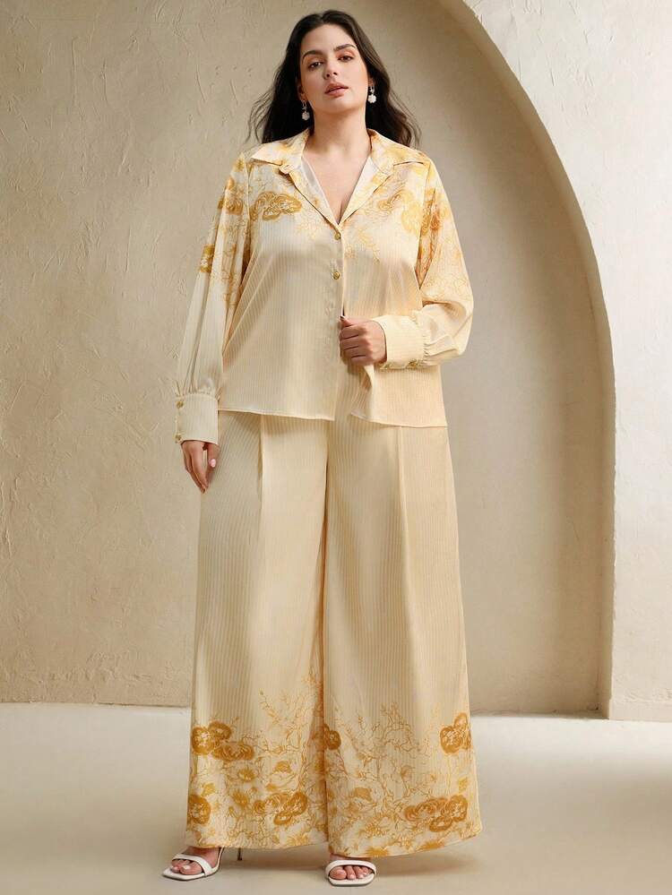 Women's Elegant Daily Casual Outfit, Loose Yellow Placement Printed Long Sleeve Open Front Shirt And Wide Leg Pants Set, Suitable For Wedding Parties