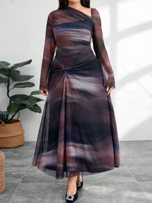 Modelyn Dress asimmetrico a scollo a girocollo con elegante effetto Tintura a nodi per taglie forti - Blu Navy - Visualizzare 4
