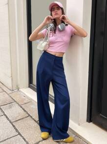 Chiquease Navy Wide Leg Pants, Minimalist Design, Fashion Versatile Fall Cloth For Women - Navy Blue - View 3