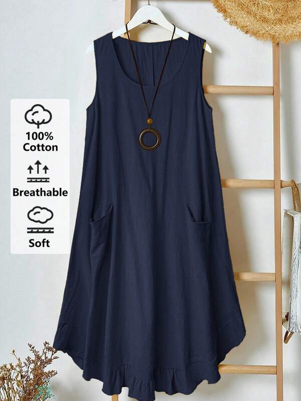 Rusticease Große Größen Landstil ärmelloses A-Linien Midi Kleid mit Tasche und plissiertem Saum, Gelb, Frühling/Sommer