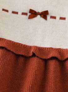 SHEIN Baby Girls' Bowknot Ruffle Hem 2 In 1 Knit Dress/Sweater, Autumn/Winter Brown Baby Girl Dress Vintage Style Fall - Beige - View 8