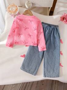 Genkimix Kids Girls' Casual Cute Round Neck Raglan Sleeve Loose Cropped Butterfly Print T-Shirt And Elastic Waist Straight Loose Jeans Pants With 3D Bow Design, Back To School Outfit, All Season Fall Winter - Pink - View 2