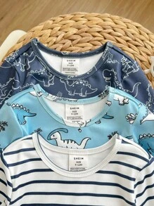 6pcs Baby Boy Snug Fit Cartoon Dinosaur & Striped Pattern Soft & Comfy Pajama Set Graphic - Blue and White - View 4