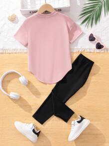 SHEIN 適用於少女的休閒紫色心形短袖T恤和黑色褲子兩件套裝，夏季