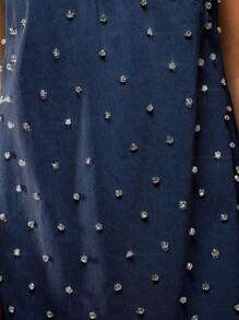 Avantive New Summer Women's Round Neck Sleeveless A-Line Rhinestone Decorated Denim Mini Dress - Navy Blue - View 7