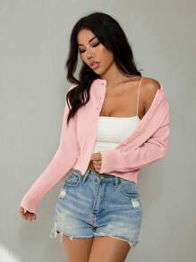 SHEIN PETITE 女士休闲纯色短款开衫 粉色开衫 秋冬女款 - 粉色 - 查看 7