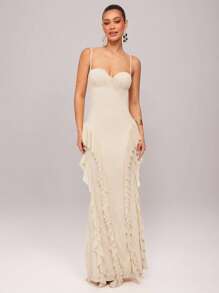 Silquee 红色纯色性感优雅细肩带多层荷叶边鱼尾露背金属纽扣 3D 花卉丝带连衣裙，适合鸡尾酒会、浪漫约会、针织网眼连衣裙、派对、正式聚会、伴娘迷你连衣裙、晚礼服、万圣节连衣裙、圣诞节连衣裙、超长连衣裙 - 杏色 - 查看 1