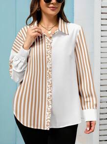 EMERY ROSE 女式加大码印花开衫 - 豹纹和条纹长袖拼布衬衫，2025 年秋季休闲罩衫 - 白色 - 查看 4