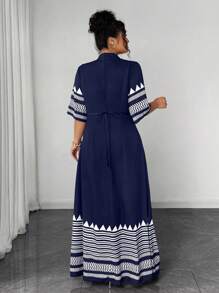 Elenzga Halloween Plus Size Women Geometric Print 3/4 Sleeve 2 In 1 Dress