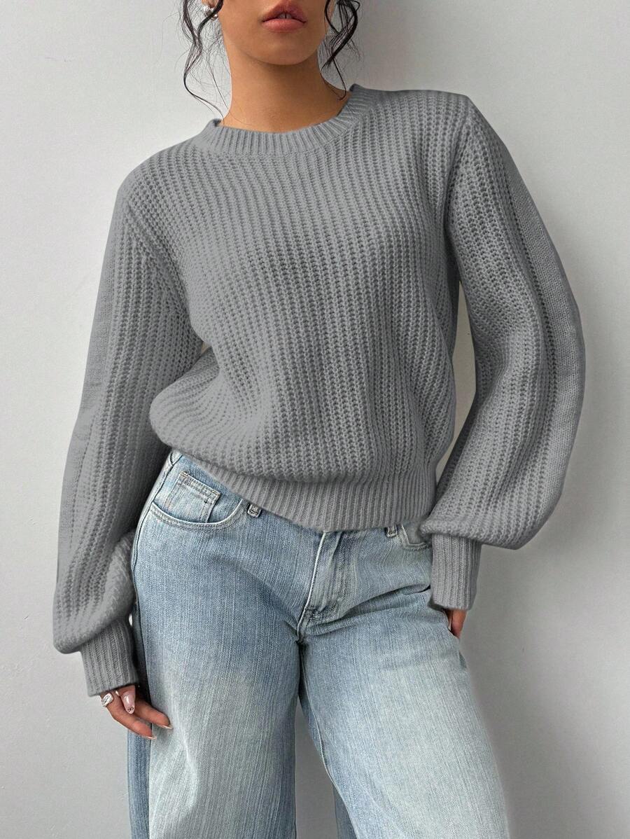 SHEIN BASICS Áo len cổ tròn rộng rãi màu trơn dành cho nữ vào mùa thu/đông - Xám - Xem 1