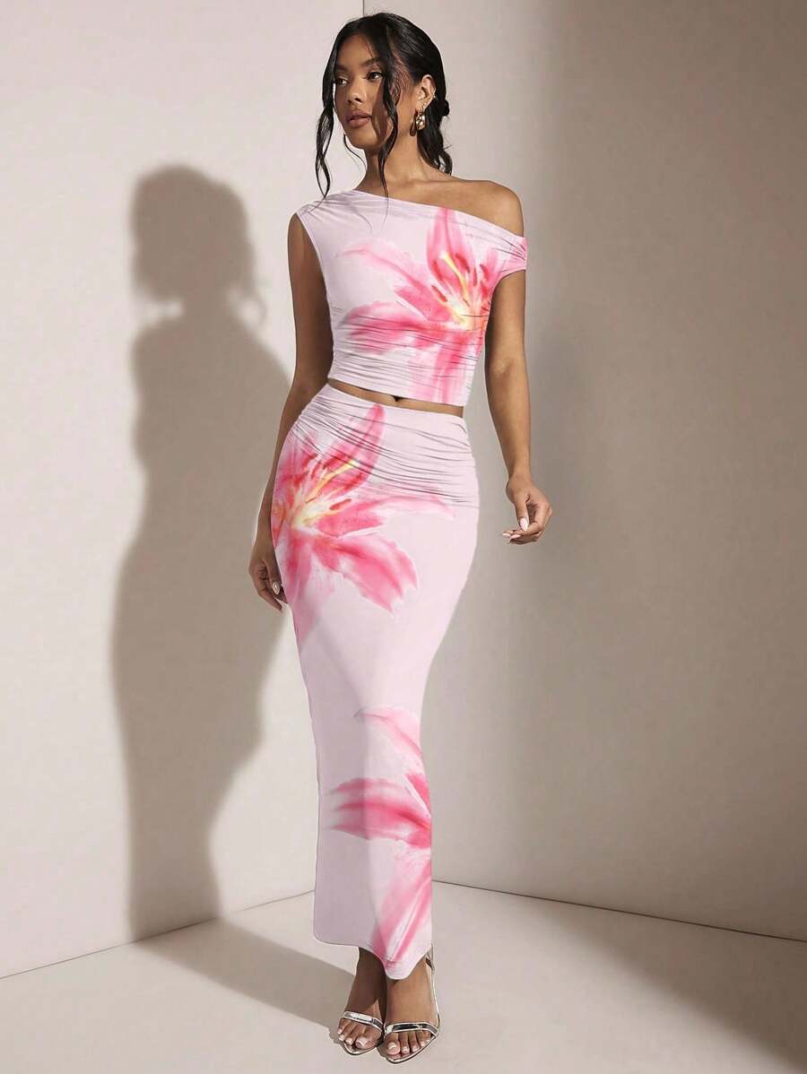 SHEIN BAE Floral Print Casual Asymmetric Shoulder Ruched Fitted Top And Bodycon Mini Skirt Set, Suitable For Summer Suitable For Going Out - Baby Pink - View 1