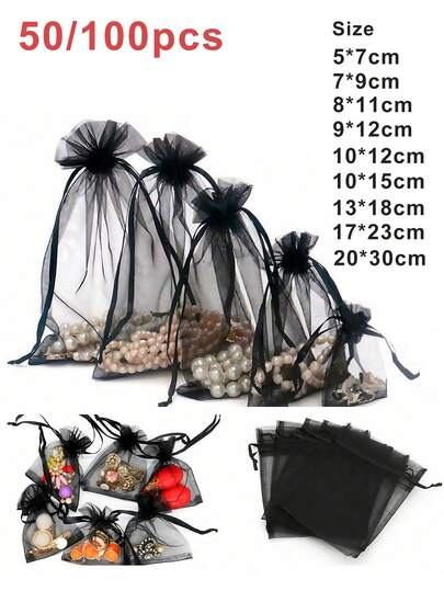 50/100个礼品包装袋，黑色欧根纱糖果袋，餐具，万圣节圣诞节家居用品，节日婚礼派对礼品包装用品，节庆活动派对用品礼品包装袋婚礼糖果袋，礼品包装袋。珠宝包装欧根纱袋，糖果袋，旅行收纳袋，节日礼品袋，可用于水果防虫袋秋季，圣诞节情人节