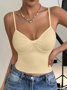 INAWLY 1 pieza Camiseta gráfica de mujer con Top corta fruncida y retorcida de unicolor - Albaricoque - Ver 3