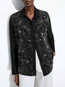 Maija Camisa de Moda de Manga Longa com Ombro Caído e Botão Único, Bordada com Lantejoulas, Camisa de Lantejoulas, Camisa de Strass, Camisa Bordada, Camisa Cintilante, Blusas para Sair, Outono Mulheres, Concerto, Encontro, Aeroporto, Fairycore, Clube, Sexy, Aniversário, Camisa com Botões para Mulheres, Halloween - Preto - Visão 5