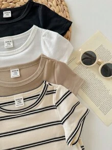 4pcs/Set Cute Baby Boy & Baby Girl Casual Versatile Knit Stretchy Striped Long Sleeve Tops, Suitable For Indoor & Outdoor, Spring/Summer