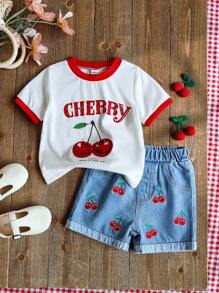SHEIN Infant Girls 2-Piece Set: Red And White Cherry Print Crew Neck Top With English Letter And Embroidered Light Blue Cherry Denim Shorts, Adorable And Sweet Style, Classic Cherry Pattern, Loose Fit, Suitable For Outing, Leisure, Party, Showcasing Playful And Cute