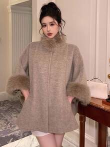 DAZY Jachetă tip pelerină cu guler de blană, mânecă 3/4, casual și elegantă, pentru femei, toamnă/iarnă - Cămilă - Vizualizare 3
