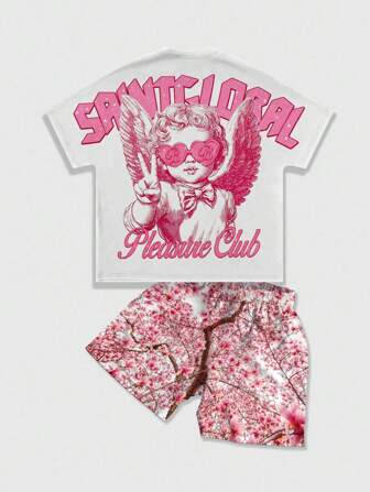 Street Life Men's Summer Street Style Angel & Letter Print Bat Short Sleeve T-Shirt And Shorts Set
