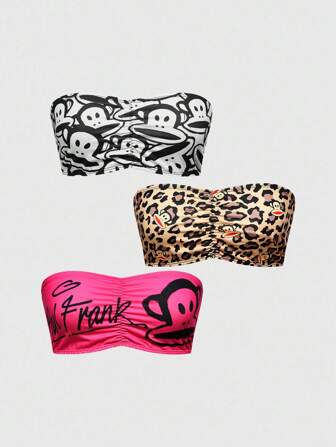 Paul Frank X ROMWE 3 pièces/Set Top court et soutien-gorge assortis avec motifs de bandes léopard et de dessins animés