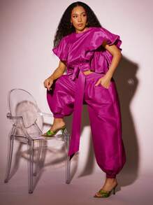 Vixey 抽绳腰部纯色塔夫绸慢跑裤，夏季、度假、波西米亚风、秋季女士，秋季、秋季、约会之夜女士，街头潮流女士