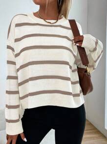 SHEIN Unity 女士条纹圆领落肩长袖休闲套头毛衣，秋冬针织套头衫 - 白色 - 查看 4