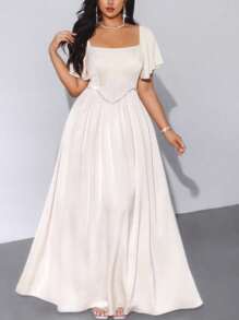 Lyrianda 大码女式春夏翻领、荷叶边袖、仿珍珠装饰、A 字腰 Charmeuse 长裙，优雅复古，适合聚会、节日、派对、婚礼