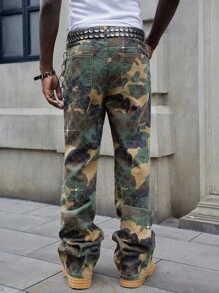 ROMWE MEN Street Life Men's Sparkling Diamond Layered Flare Camouflage Jeans - Multicolor - View 2