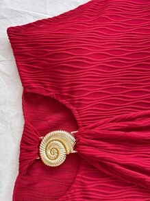 Soleia 女士镂空贝壳金属贴花纹理面料修身迷你连衣裙，适合节日、约会、下午茶、度假、音乐节、波西米亚风、钩针编织、亚麻 - 酒紅色 - 查看 5