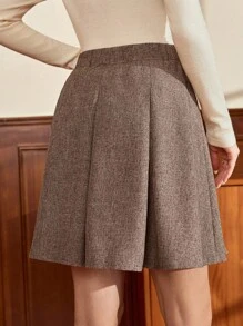 Vintamour 复古经典优雅女裙，修身腰口袋裙，咖啡色短裙，适合夏秋季 - 咖啡棕 - 查看 2