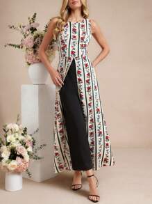 Amorya 女士圆领无袖条纹花卉印花高腰修身直筒裤，优雅日常穿着，春夏，秋季