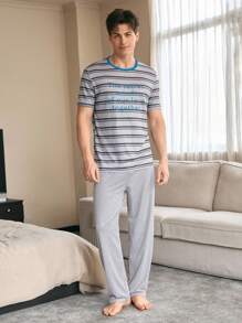 SHEIN 撞色条纹和字母印花男士休闲短袖睡衣套装 - 灰色 - 查看 3