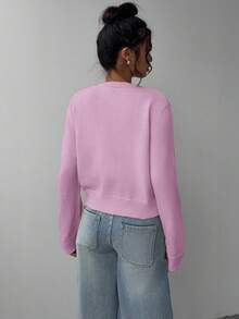SHEIN BASICS Suéter/Cardigan de mujer de manga larga, cuello redondo, unicolor, holgado y corto para otoño/invierno - Morado - Ver 2