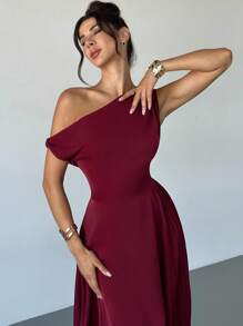 Firerie Váy chữ A dài vừa phải, cổ lệch, eo satin, đa năng, mới dành cho nữ, Trang phục mùa hè cho nữ, Váy dự tiệc cưới, Trang phục xuân/hè, Đi làm, Thanh lịch, Gợi cảm, Kỳ nghỉ, Bãi biển, Bohemian, Hawaii, Lãng mạn, Hẹn hò, Mùa cưới, Váy tốt nghiệp, Trang phục dạ hội, Trang phục biểu diễn, Hòa nhạc, Trang phục làm việc - Màu Đỏ Sâu - Xem 1