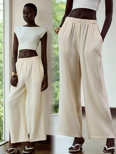 Lumivelle Women's Casual Plain Color Textured Fabric Elastic Waist Side Pockets Loose Wide Leg Pants, Spring Summer Autumn Vacation Outfits Woman Fall Cloth For Women