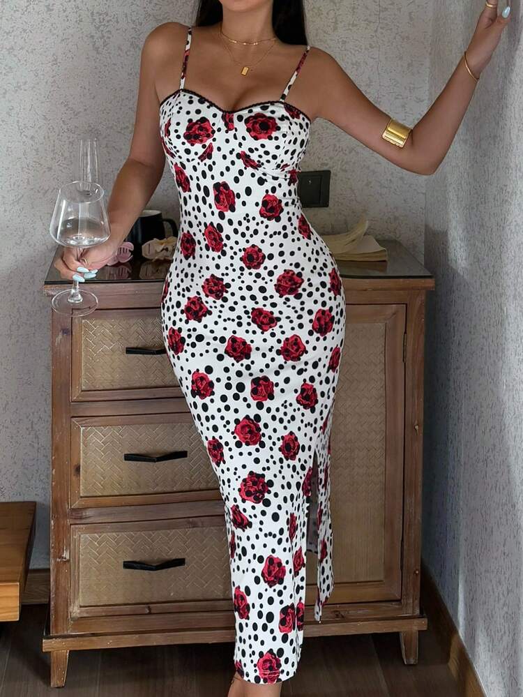 Polka Dot & Floral All-Over Print Slit Design Waist Cinched Maxi Nightgown For Women Pajama