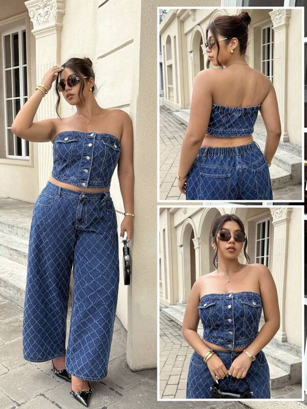 SHEIN ICON Plus Size Women Casual Versatile Crochet Denim Tube Top