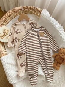 新生男婴3件装熊和条纹图案圆领长袖拉链前部柔软舒适连脚连体衣婴儿熊睡衣新生儿中性服装 - 彩色 - 查看 4