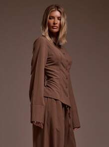 MUSERA Áo sơ mi phối eo thon kiểu Ibiza, phù hợp cho kỳ nghỉ, gợi cảm, lãng mạn, thanh lịch, thích hợp cho sinh nhật, phong cách Boho, chất liệu raffia, mùa xuân hè. - màu nâu - Xem 3