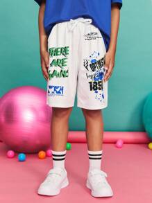 SHEIN Pantalones cortos casuales y cómodos de cintura media con estampado de letras para niño preadolescente, pantalones cortos gráficos para niño preadolescente, temporada de regreso a la escuela, Navidad - Blanco - Ver 2
