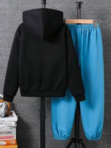 2 Stück Tween Jungen Lässiger minimalistischer Cartoon Spielekonsolen Muster Loose Fit Langarm Hoodie Set, geeignet für Herbst/Winter Schulanfang Kleidung - Schwarz - Übersicht 2