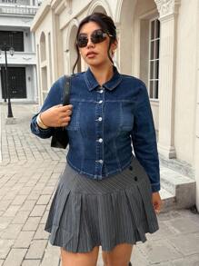 Jeanoix 大码女式单排扣休闲百搭牛仔夹克，长袖 - 藍色 - 查看 7