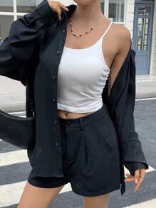 DAZY 女士夏季宽松休闲衬衫和短裤两件套 - 藏蓝色 - 查看 3